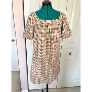 Old Navy Multicolor Plaid Dobby Gingham Puff Sleeve Textured Swing Dress
